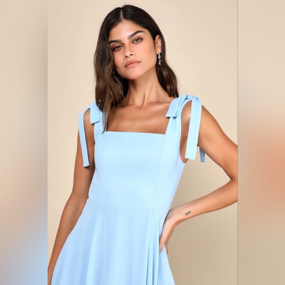 Lulus Love Me Forever Light Blue Tie-Strap Square Neck Maxi Dress S Wedding NWT - Picture 3 of 9